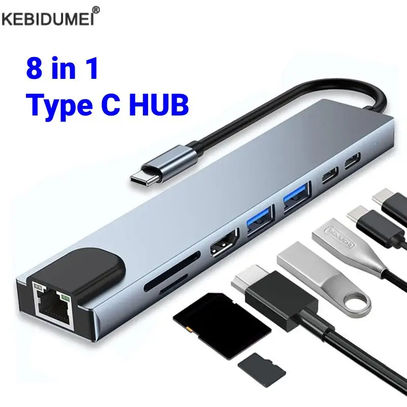 USB 3.0 USB C Hub Type-C to 4K HDMI RJ45 PD Charge SD/TF Card Reader Type C To USB Adapter Dock For MacBook Air Pro PC