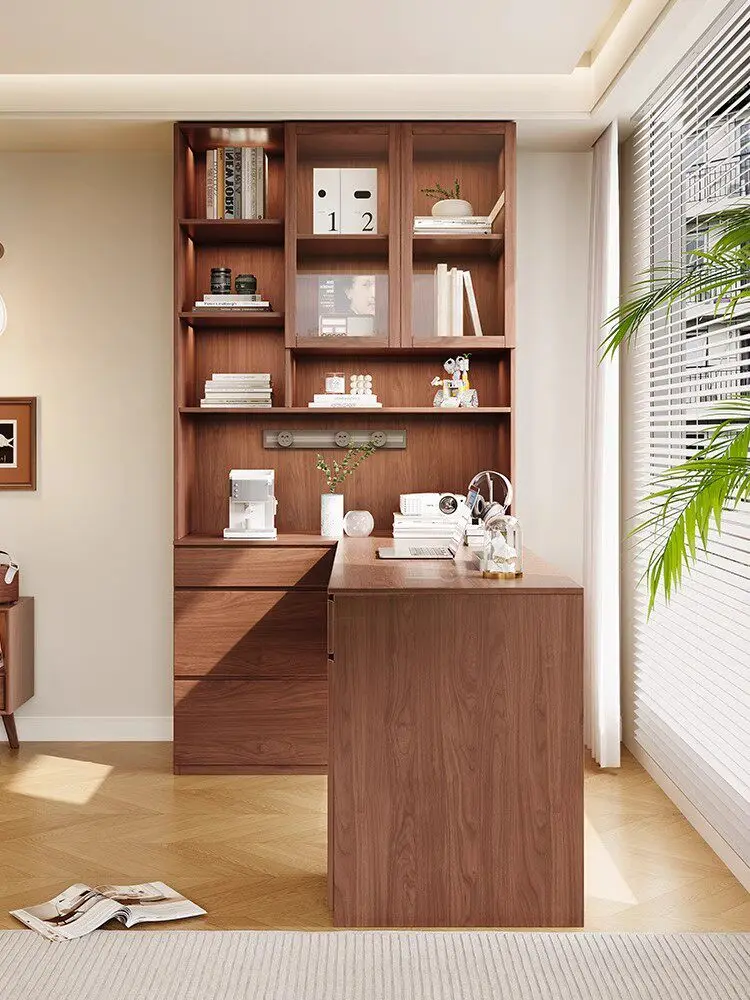 Solid wood corner desk bookshelf integrated computer desk bedroom home student study table bookcase combination table