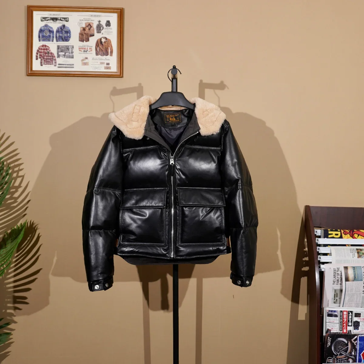 

Thick Japanese Retro Hooded Cowhide Down Jacket Leather Men's Winter Cold Motorcycle Jacket Full and Thick.