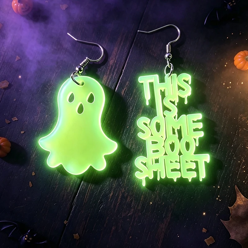 Creative Asymmetrical Acrylic Earrings with Glow in the Dark Ghost Charms Funny Slogan Perfect Halloween Fashion Jewelry