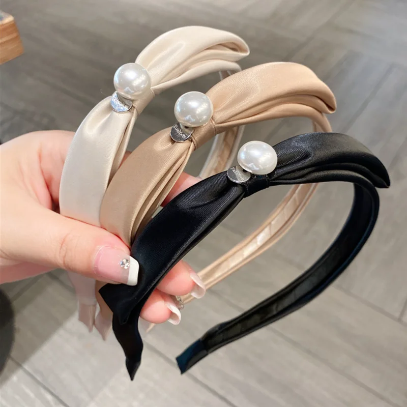 

French Elegant Side Pearl Satin Bow Thin Headband Hair Clip Cute Sweet Pressed Hair Hairbands Girls Hair Accessories Headw