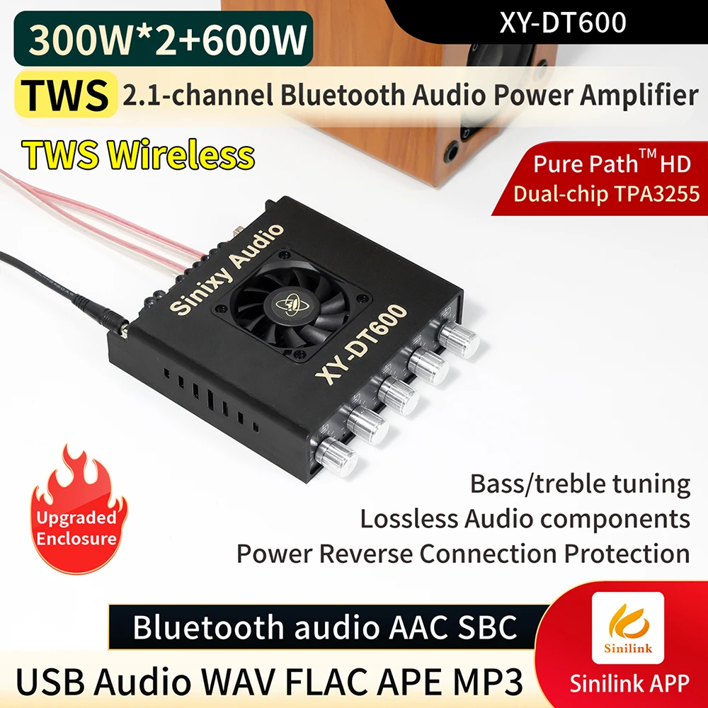 XY-DT600 2.1CH Bluetooth Digital Amplifier Board Dual TPA3255 TWS Interconnect 300W*2 Subwoofer Amp USB AUX for DIY Home Theater