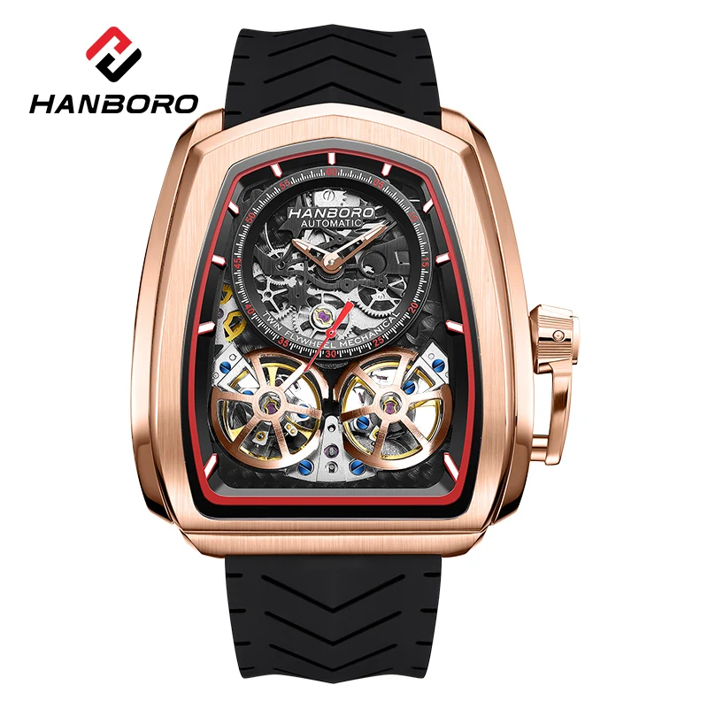 Double Flying Wheel Hollow Watch Men's Double Flying Skeleton Luxury Irregular Automatic Mechanical Stainless Steel Silicone