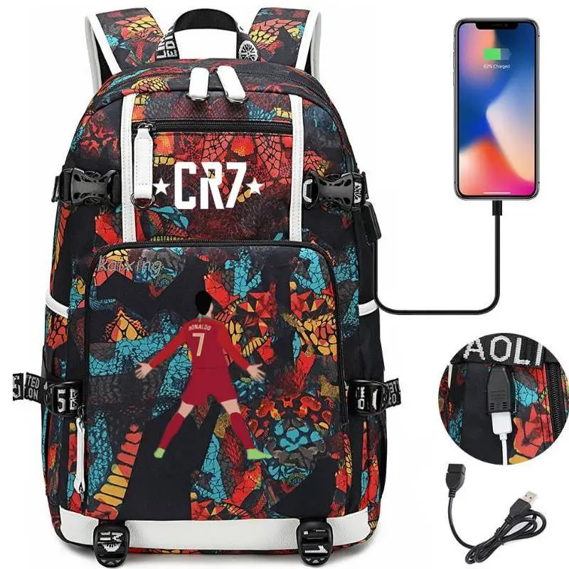 Fashion CR7 Backpack USB Charging School Bag 15.6 Inch Laptop Backpack Female Male Book Bag Bagpacks Waterproof Teens Back Pack