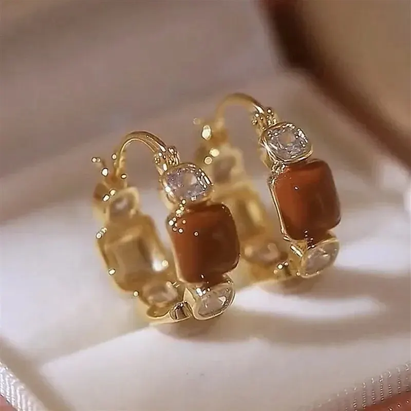 Gold Color Crystal Stone Epoxy Hoop Earrings For Women Geometric Girls Vintage Earrings Y2K Irovy Light Brown Hoop Earrings