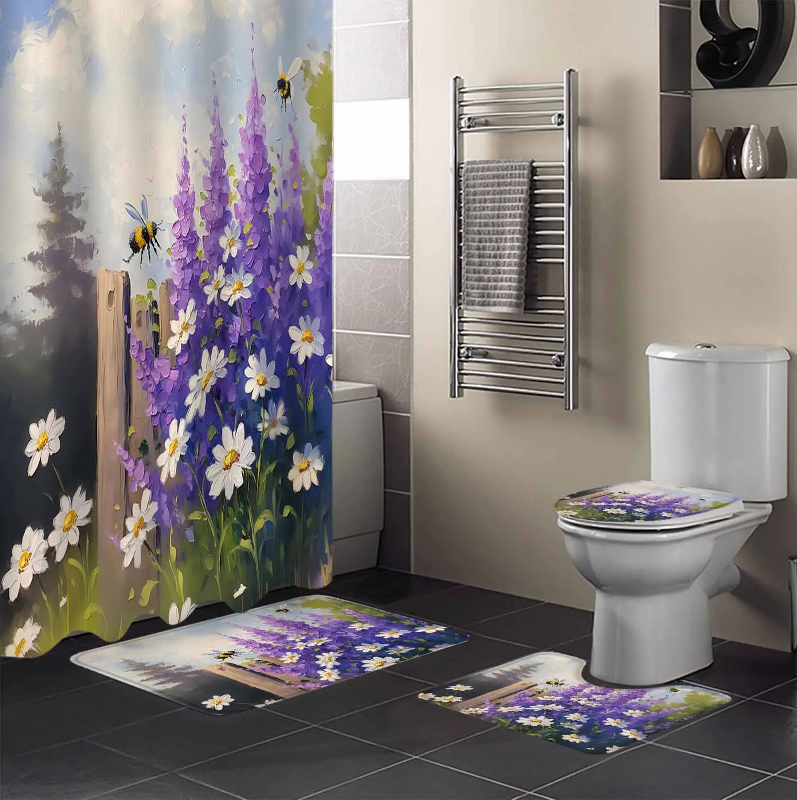 Oil Painting Purple Lavender Daisy Bee Shower Curtain Set Non-Slip Rugs Bath Mat Toilet Lid Cover Waterproof Bathroom Curtain