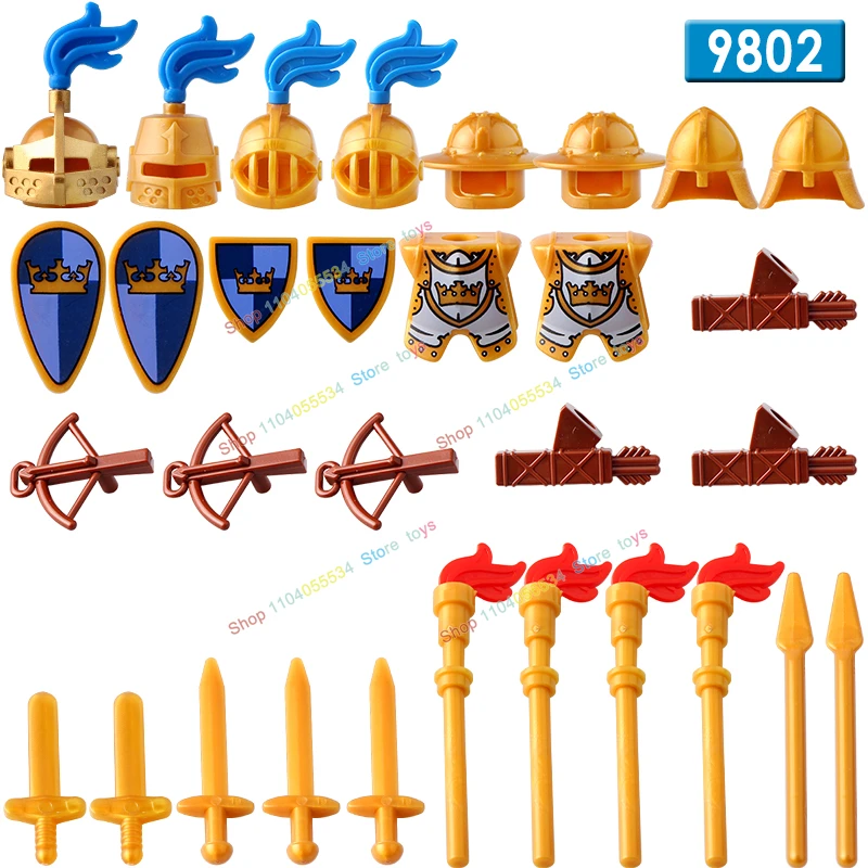 

AX9802 AX9803 AX9804 Medieval Gold Blue Crown Red Dragon Knight Weapons Accessories Shield Spear Armor Building Block Puzzle Toy