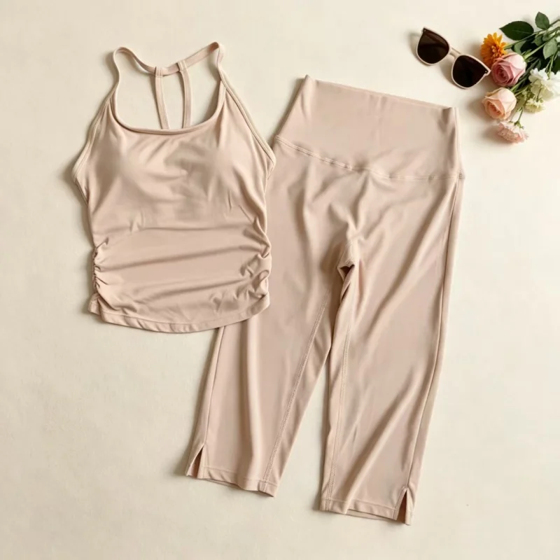 Women 2Pcs Yoga Workout Set, Thin Strap Backless Bra + High Waist Butt Lifting Naked‑Feel 6in Biker Shorts Breathable Gym Outfit