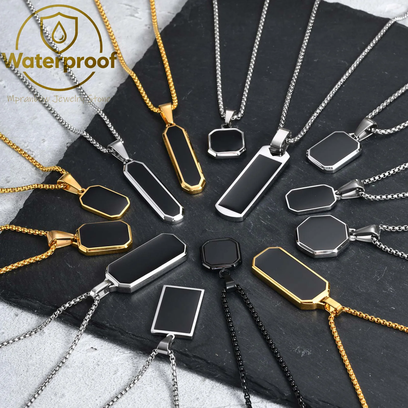 Stylish Men's Black Enamel Necklace,Stainless Steel Geometric Square Small Dogtags Necklace,Anniversary Birthday Father Gift