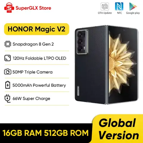 Versione globale Honor Magic V2 5G Pieghevole LTPO OLED Display 120Hz 7.92 "50MP Telecamere posteriori Snapdragon 8 Gen 2 5000mAh 66W NFC