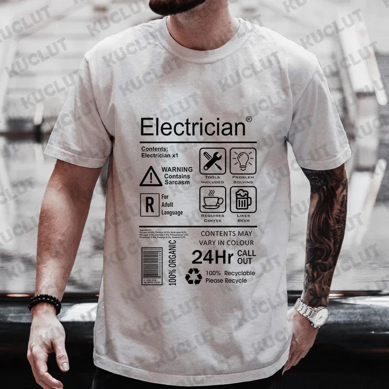 Fashion Summer Men O-Neck Tees Shirt Funny Electrician Package Care Instructions Print T-shirts Electrical Engineer Design Tops