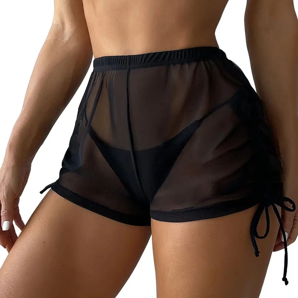 Bañador Sexy de cintura alta para nadar, pantalones cortos ligeros de malla transparente para playa