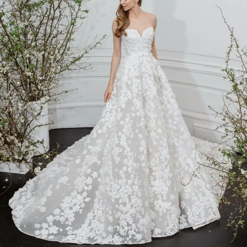 White Wedding Dresses 3D flower decal off-shoulder A-line skirt long tail Gowns wedding dress Bridal Gown