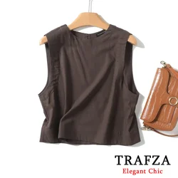 TRAFZA Casual French Luxury Melad Linen Women Shirt Sleeveless Tops Fashion 2024 Summer Elegent Office Lady Minimalist Blouse