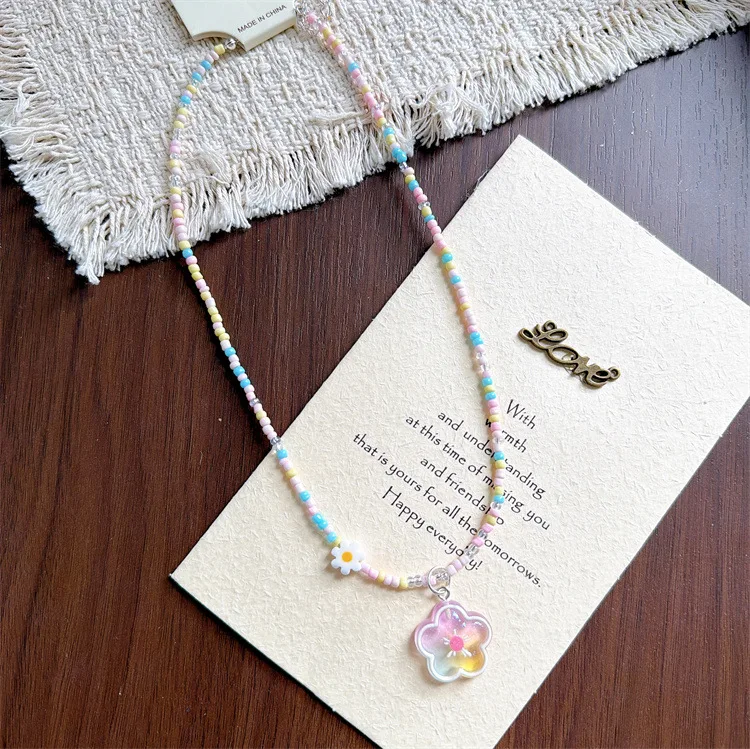 Sweet Girls Colorful Resin Beaded Flower Bow Choker Cartoon Pendant Collarbone Necklace Lightweight Delicate Kids Jewelry