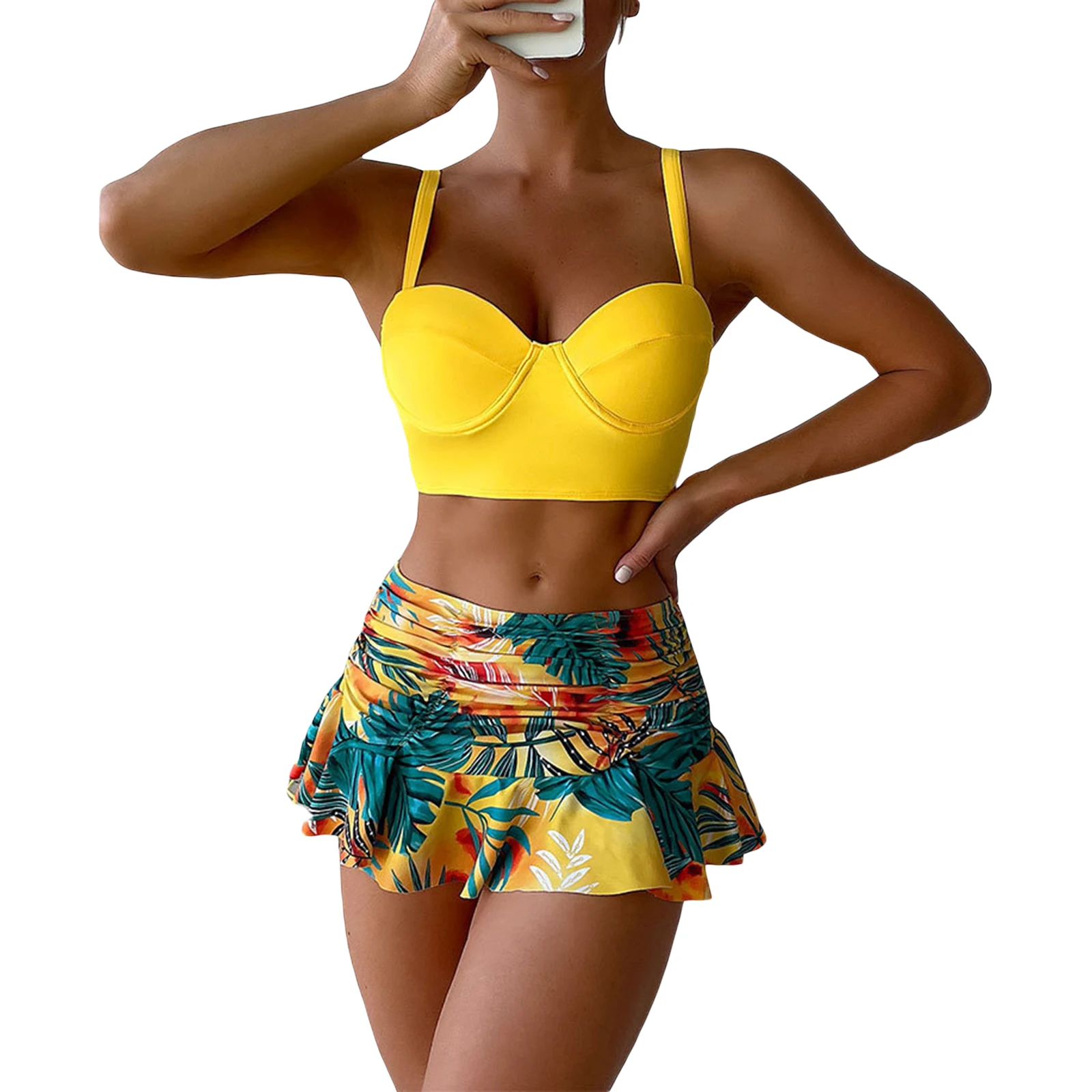 Yiiciovy Summer Women's Casual 2Pcs Swimsuits Leaves Print Sleeveless Sling Padded Top + Shorts Bottoms Bathing Suit Bikini Set