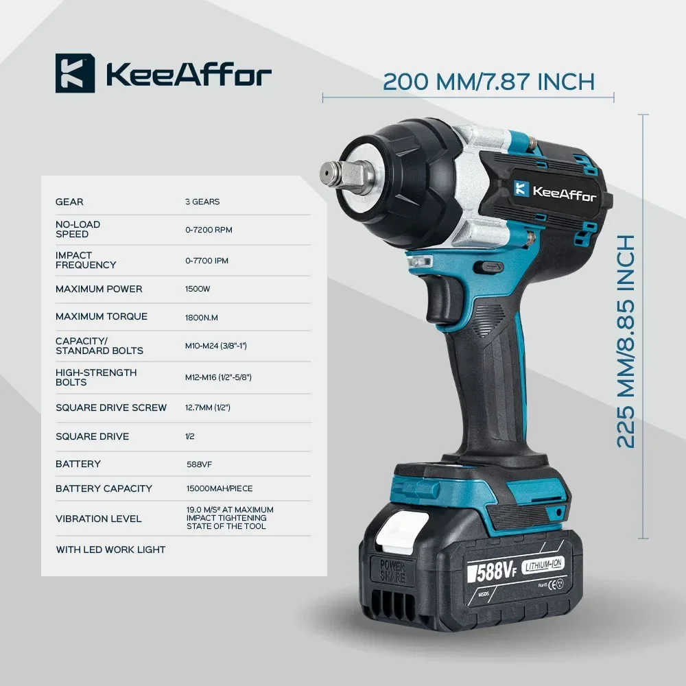 KEEAFFOR Brushless 1800N.M Torque Electric Impact Wrench 5Gear 1/2Inch Wireless Cordless Drill Power Tool For Makita 18V Battery