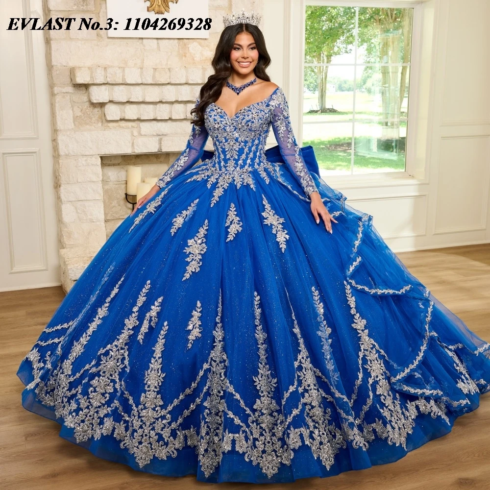 

EVLAST индивидуальное королевское синее платье Quinceanera, бальное платье, серебряное кружевное платье с аппликацией и бантом из бисера, милое платье 16, Vestidos De 15 Anos E3Q580