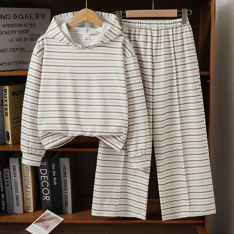 Striped Girls Hooded 2 Piece Outfit 8-12Y, Spring Autumn Casual Set, Loose Sweatshirt & Wide Leg Pants Daily School Suit