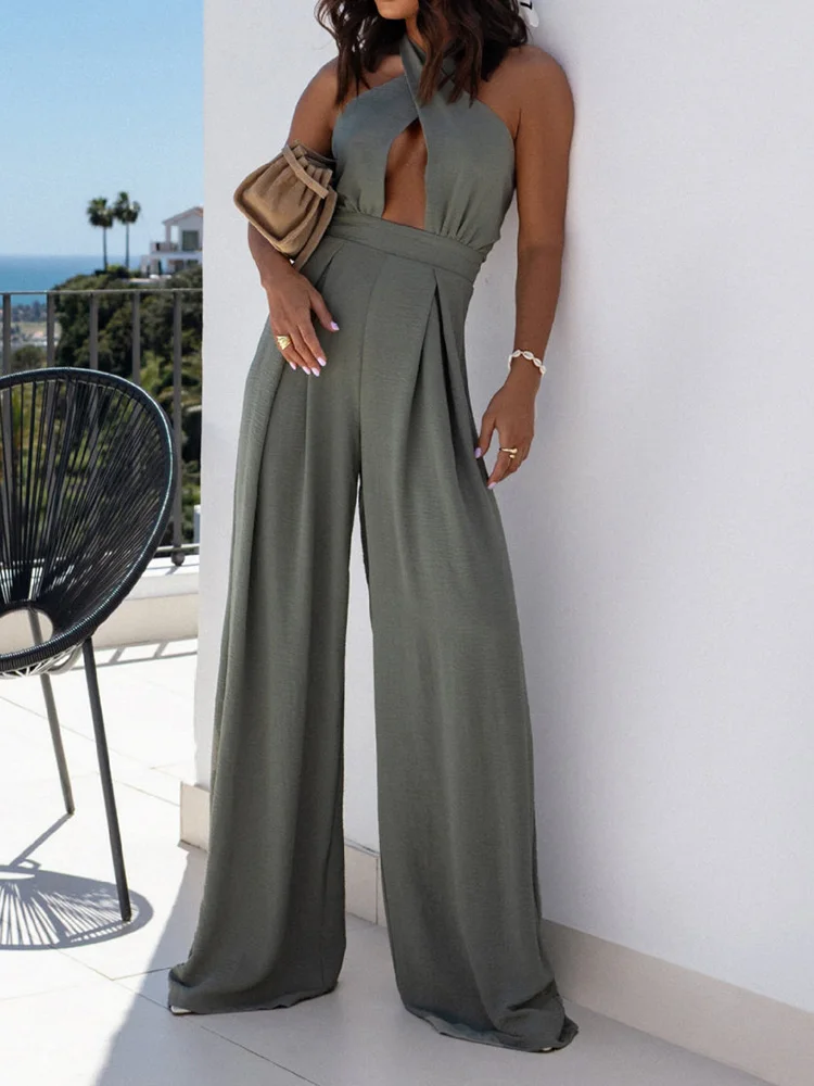 Backless Patchwork Holiday Jumpsuits, Women Summer Sleeveless Halter Playsuits, 2025 Hollow Simple Solid Chic Ladies Bodysuits