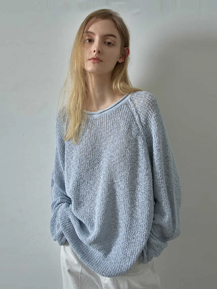 

Women's Loose Fit Hollow Knitted Sweater Thin Boat Neck Knitwear Breathable Summer Top Cotton Nylon Long Sleeve Crew Neck