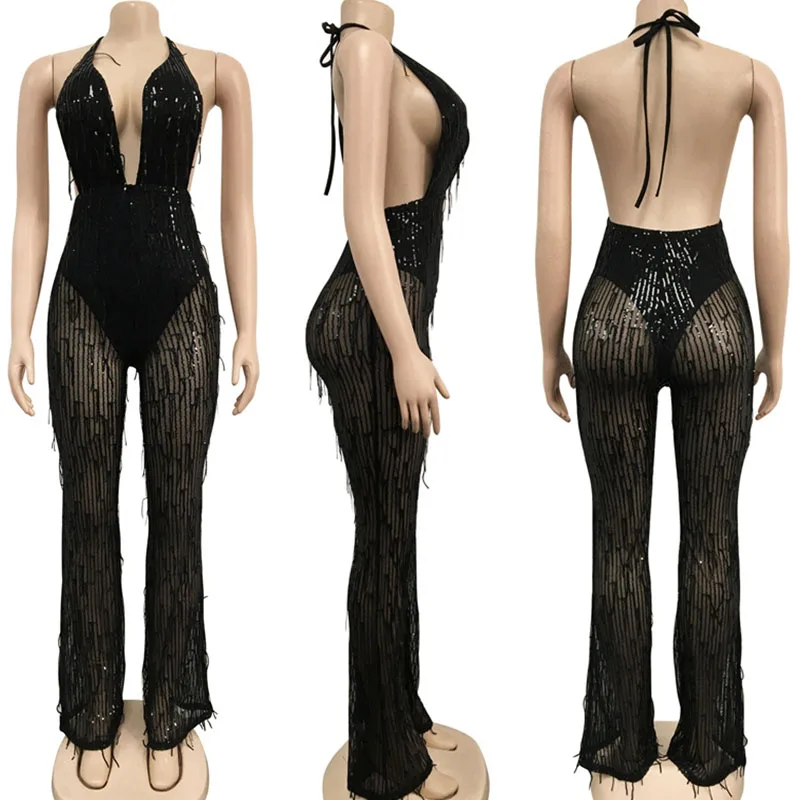 เซ็กซี่ Sparkly พู่เลื่อม Rompers Womens Jumpsuit Overalls สำหรับผู้หญิง Night Club Party Halter Backless V คอกว้างขา Romper