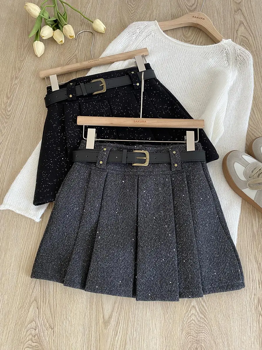 Femmes noir gris paillettes automne hiver décontracté Mini jupe Y2K Harajuku Style mignon collège haute rue rétro jupe décontractée 2025