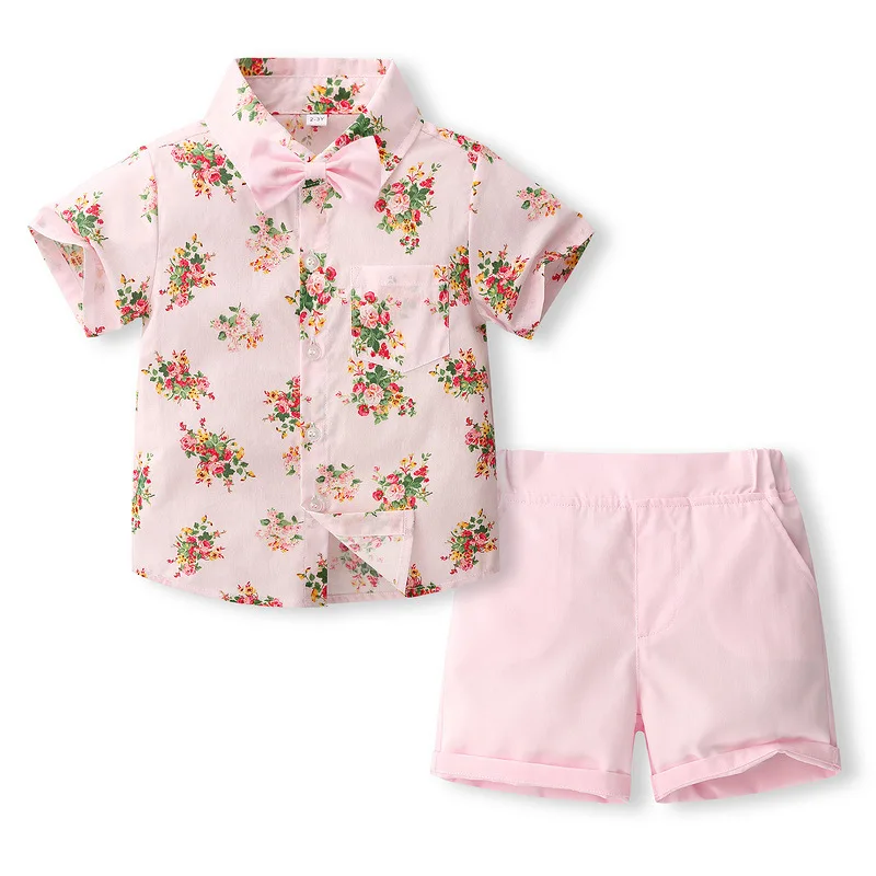 

3PCS Summer Toddler Boy Outfits Korean Fashion Gentleman Tie Flowers Short Sleeve Baby Tops+Shorts Boutique Kids Clothing BC191