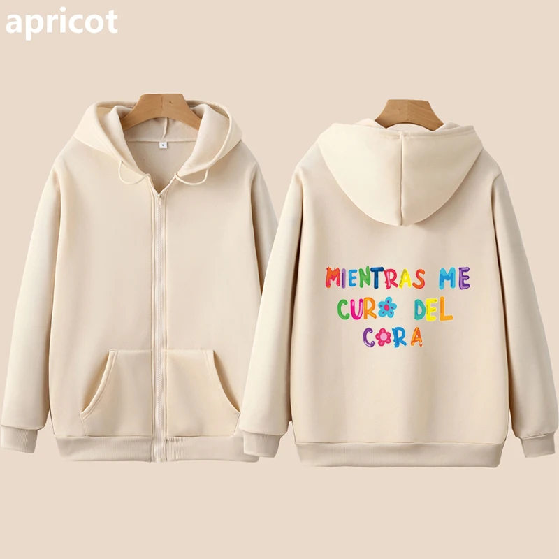 Karol G Mientras Me Curo Del Cora Text Fashion Print Zipper Sweatshirts Winter Clothing Gift For Fans