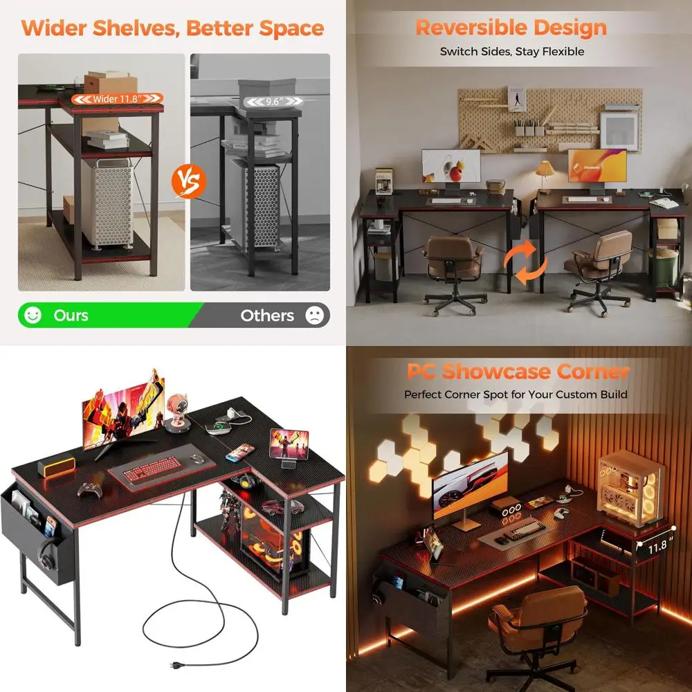 

Компактный L-образный игровой стол с розетками, угловым хранилищем, идеально подходящий для небольших домашних офисов