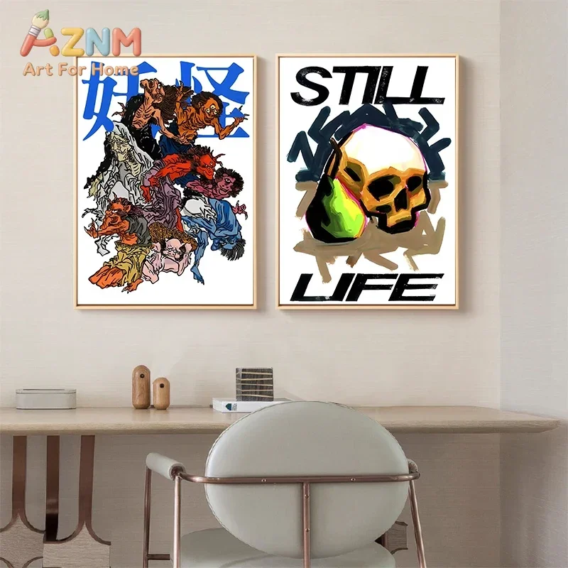 

AZNM Japanese Yokai Canvas Print, Frameless Single Panel Traditional Demon Illustration Wall Art, Modern Skull Still Life