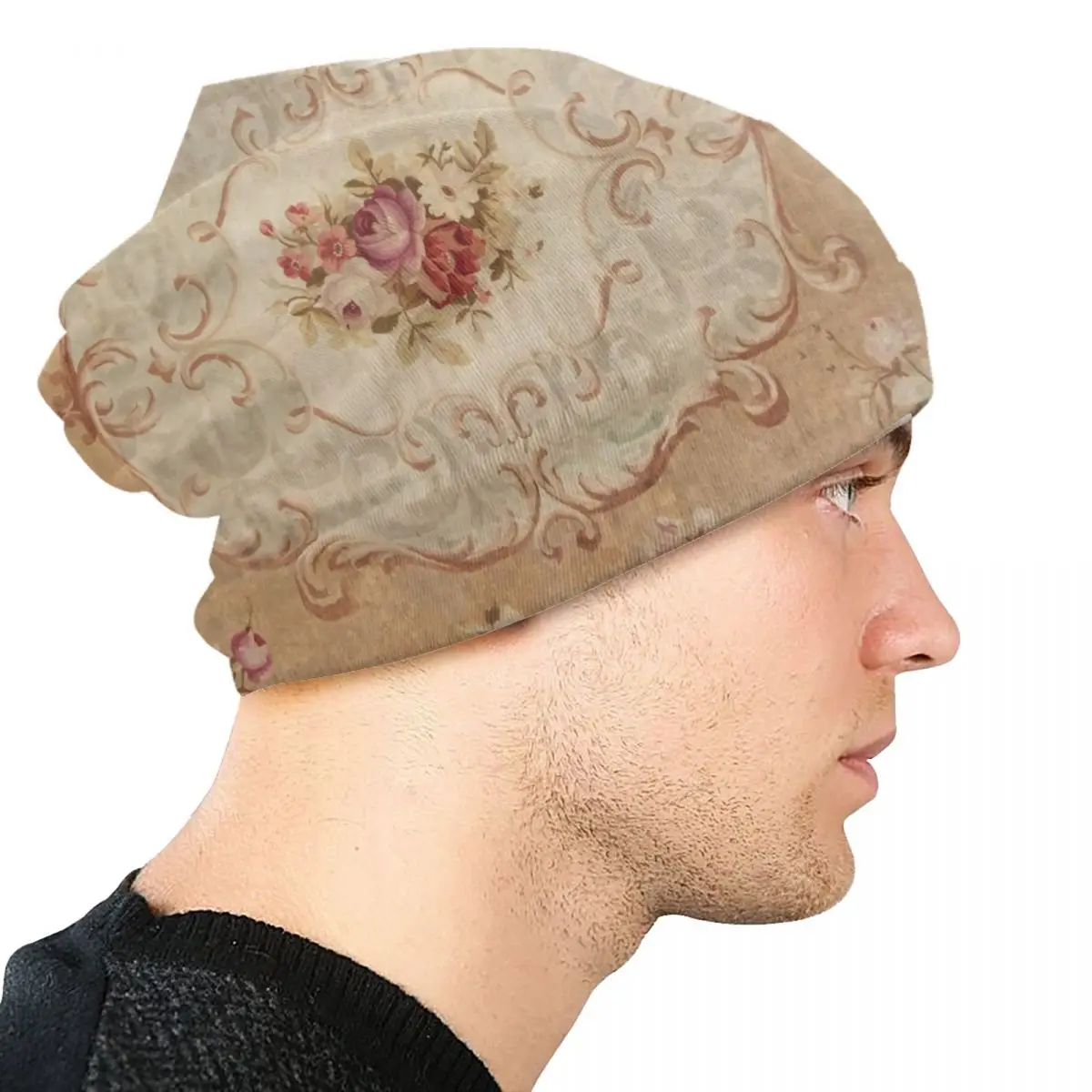 Antique Rose Floral French Aubusson Skullies Beanies Caps Hip Hop Warm Knit Hats Unisex Vintage Europe Bohemia Bonnet Hats