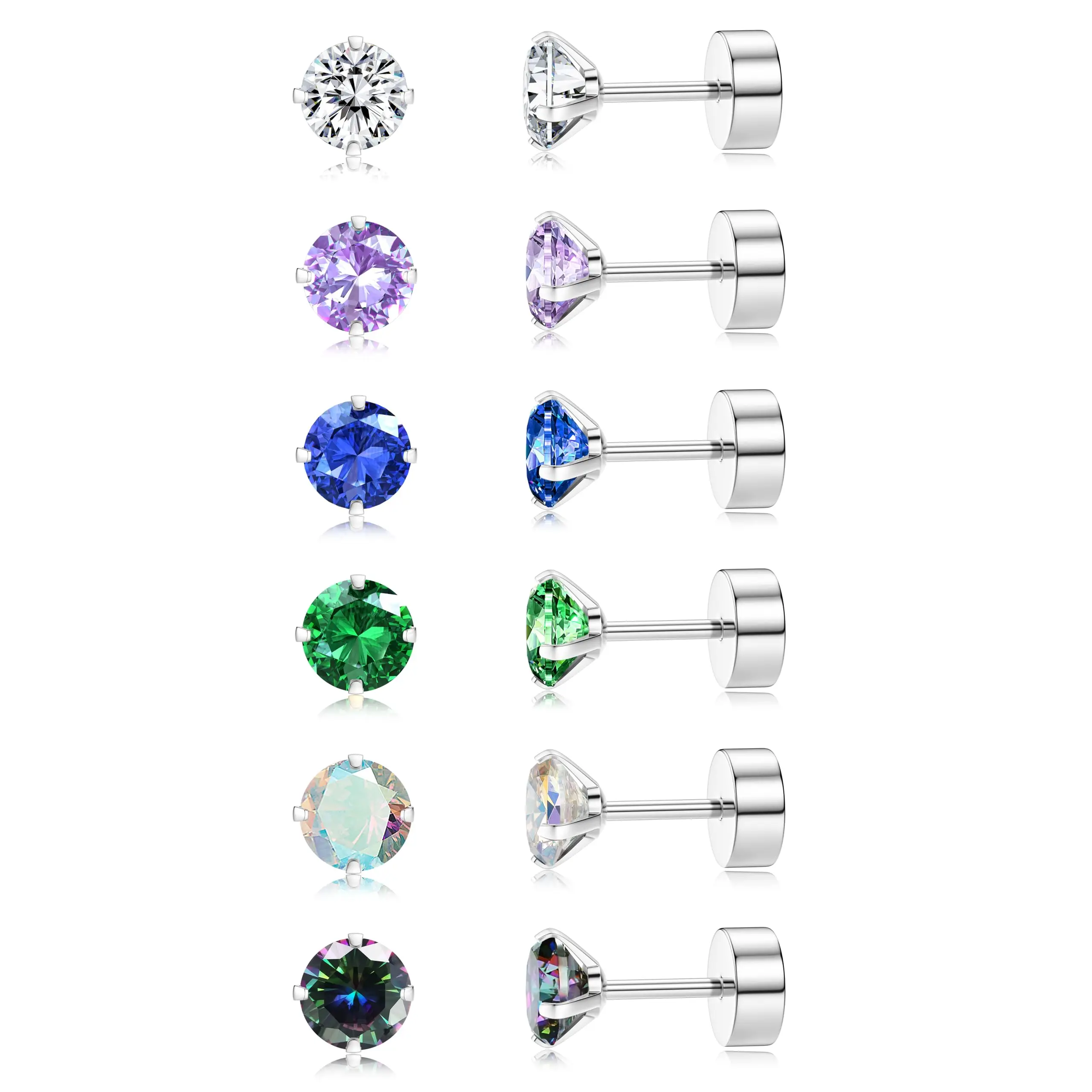 6 Pairs Stud Earrings for Men Women, Flat Back Stud Earrings with Cubic Zirconia, Hypoallergenic and Suitable for Sensitive Ears