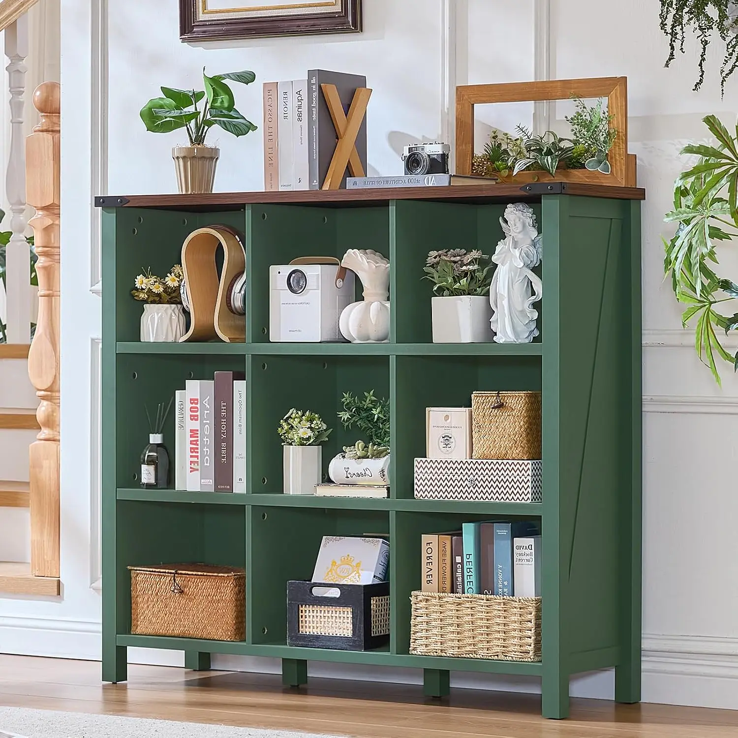 Farmhouse 9 Cube Storage Organizer, 47 Inch Vintage Green Wooden 3 Tier Open Shelf, Rustic Cubby Cabinet for Home Office & Livin
