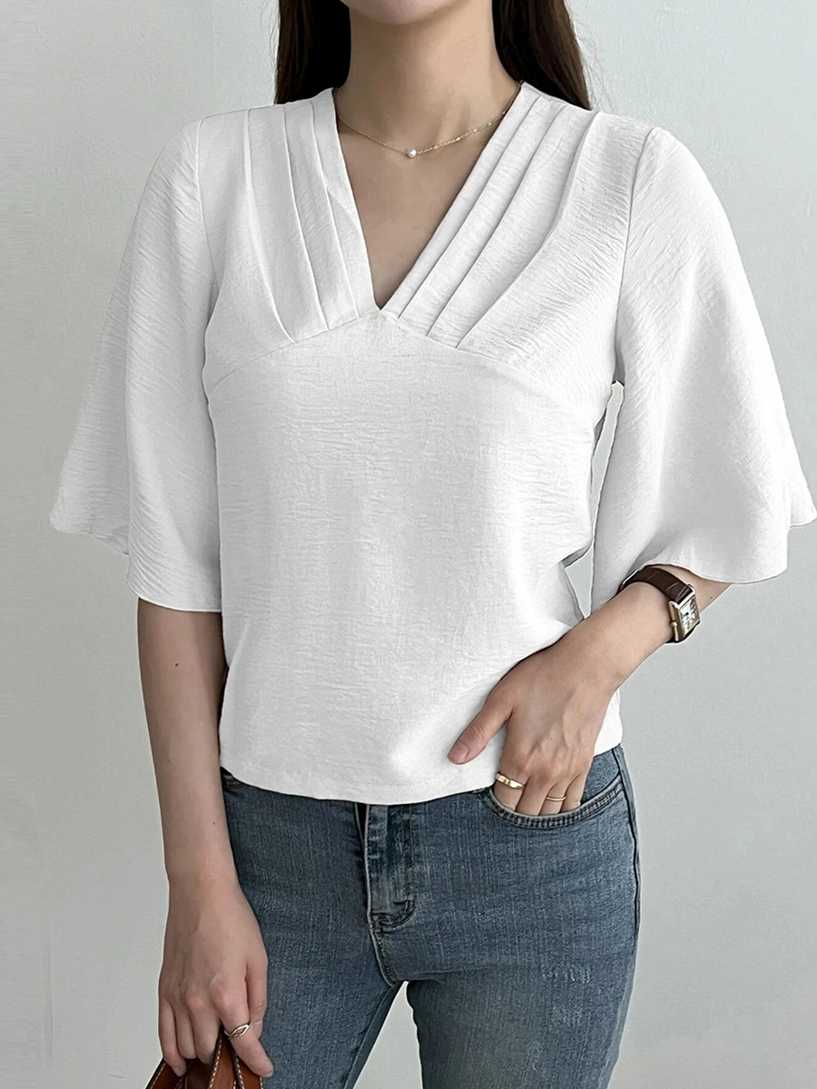 Mugen Plus Size Women Clothing Short Sleeves Blouse Solid Color Elegant Female Blouse V Neck Shirt Pleated 2024 New Fashion New