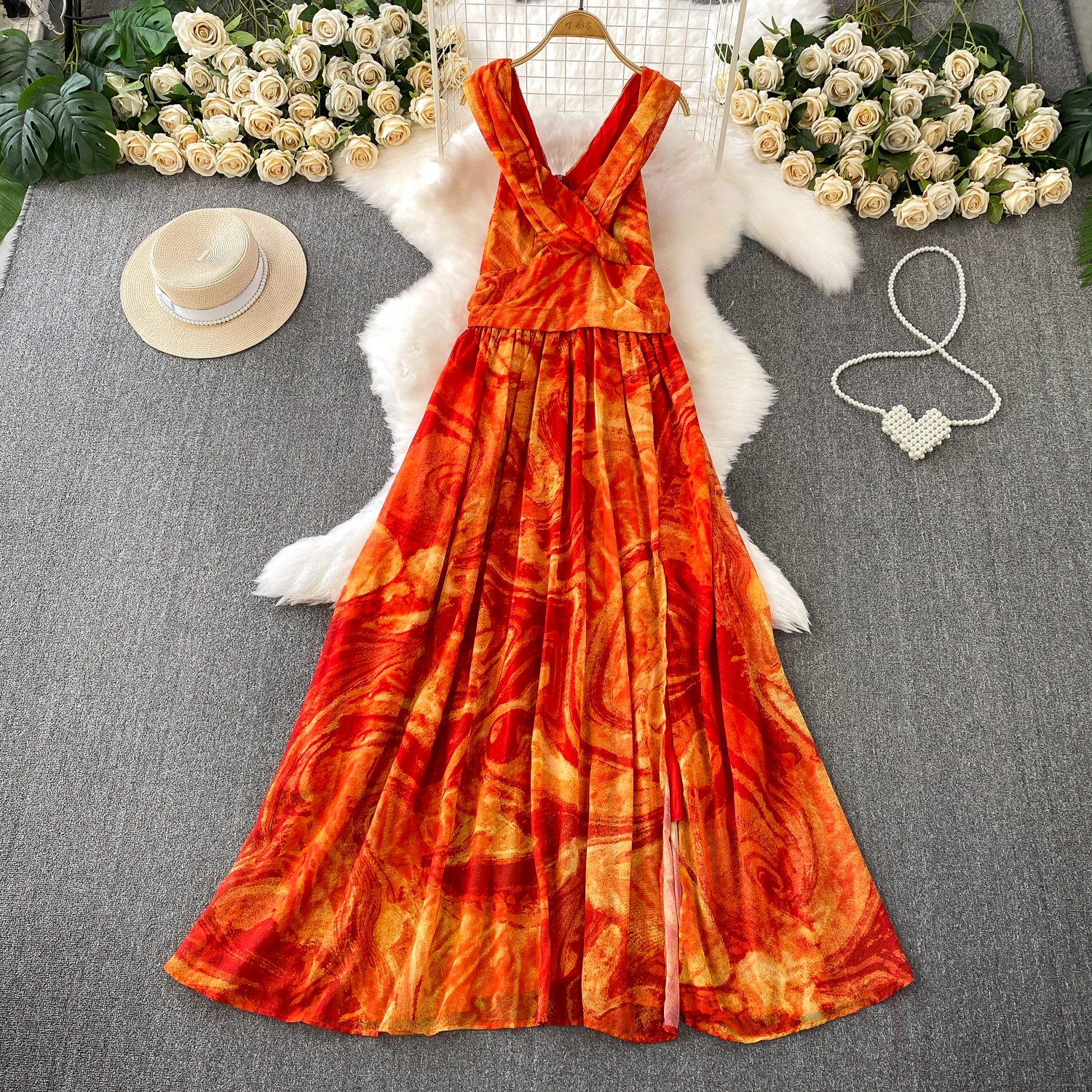 Abito da sera Boho elegante estivo per donna Stampato floreale Twist Vacanza al mare femminile Spacco alto Nuovo nel 2025 Beach Chic