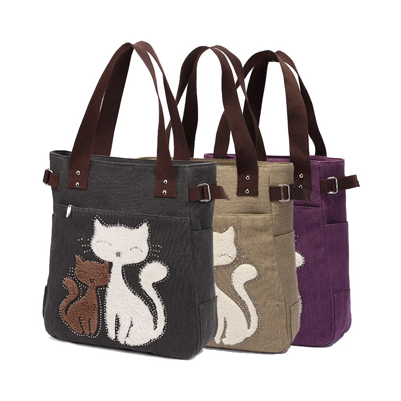 New Canvas bag Women's cat-shaped shoulder bag for carrying handbags suitable for carrying to work organizing books and shopping