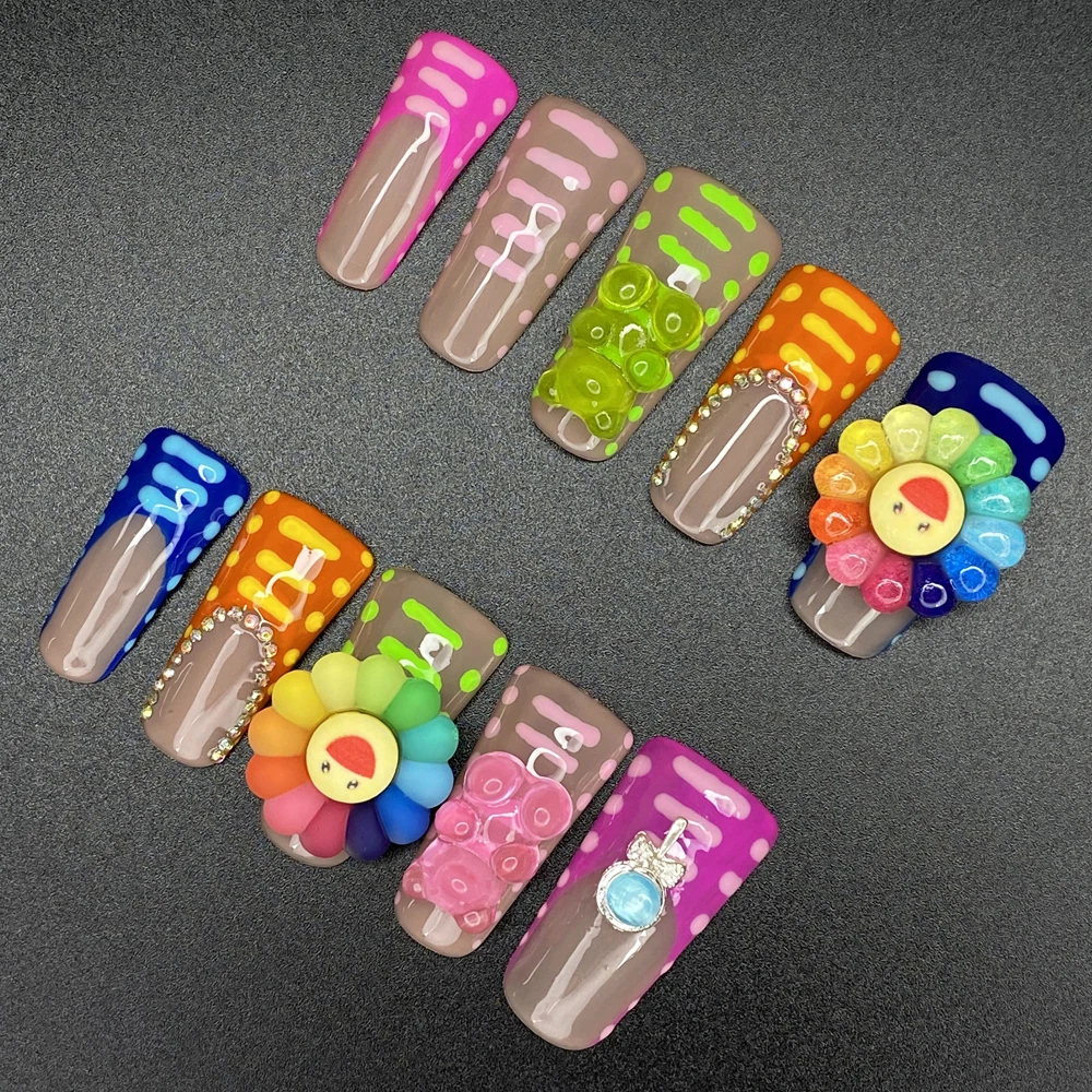 10 pçs luxuoso bling quadrado pato falso imprensa em unhas 35mm-45mm gel polonês pintura à mão unhas artificiais conjunto com cola de geléia