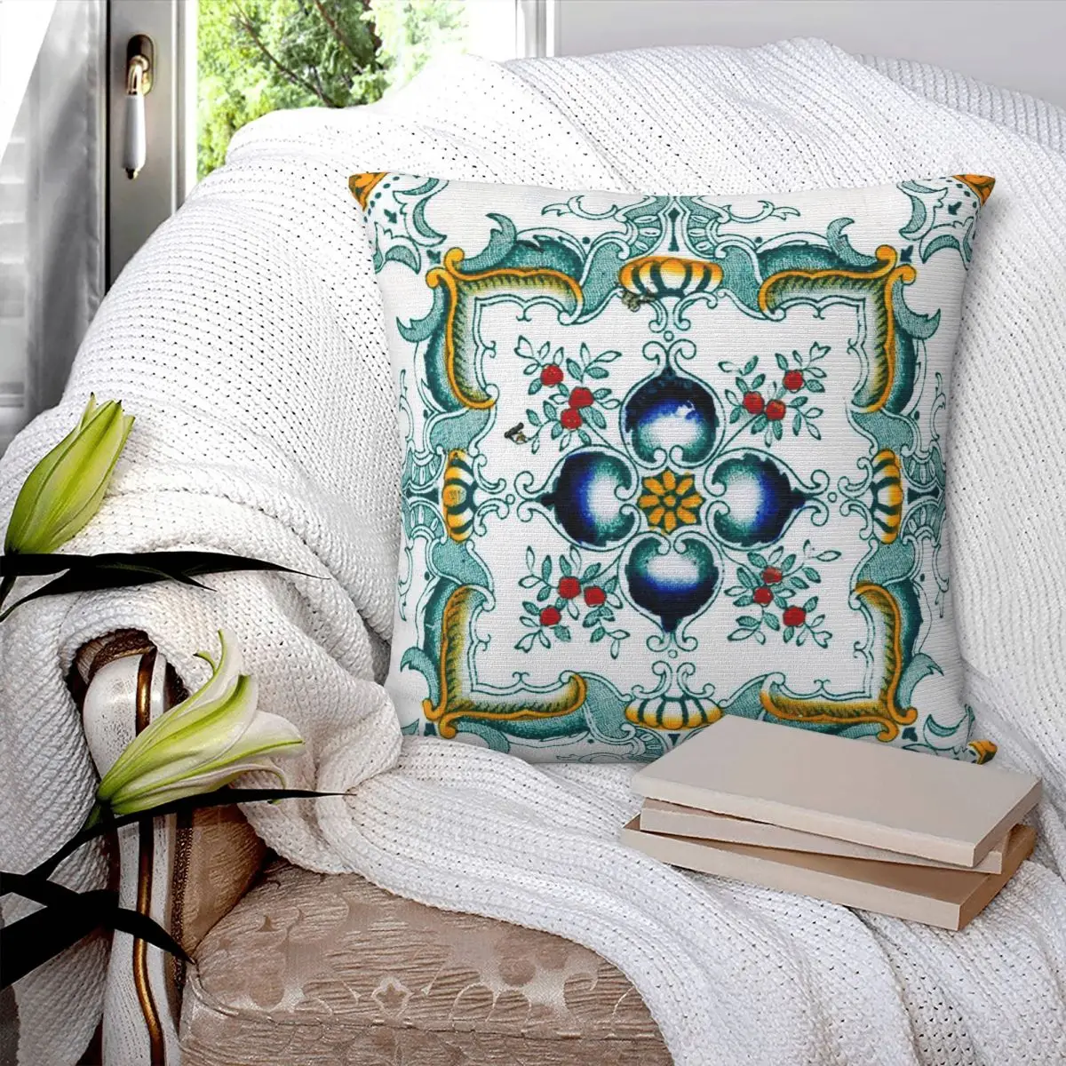 Green Ornate Floral Mediterranean Sicilian Tile Square Pillowcase Cushion Cover Pillow Case Throw Pillow Cover for Home Sofa