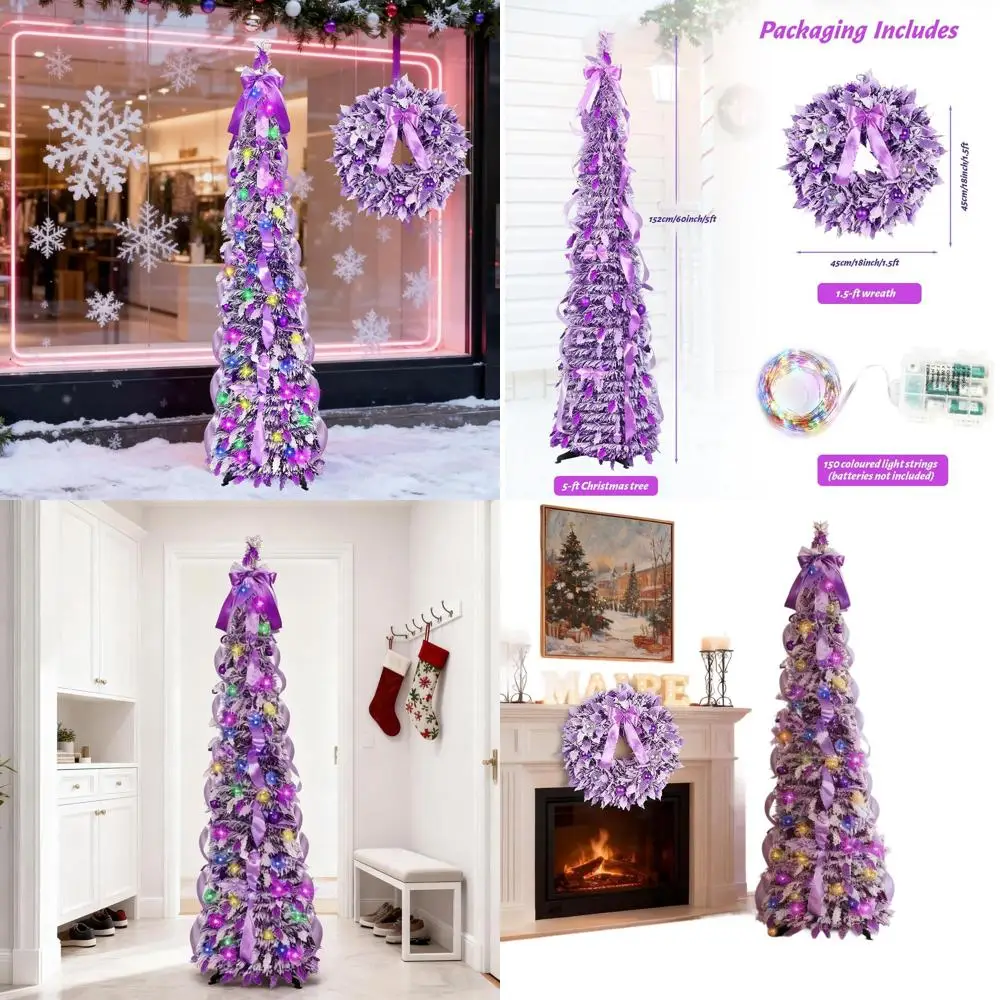 

Рождественская елка из фиолетового флока на 5 футов с 150 светодиодными лампами и 18-дюймовым венком, предварительно освещенная и предварительно украшенная для легкой настройки