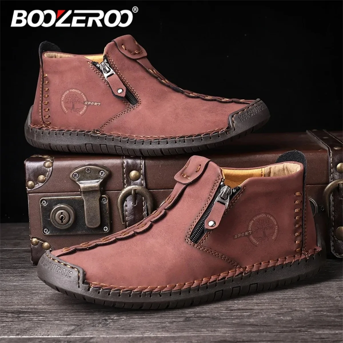 BOOZEROO Fashion Men's Leather Shoes Handmade Soft Breathable Driving Flats Casual Zipper Boots