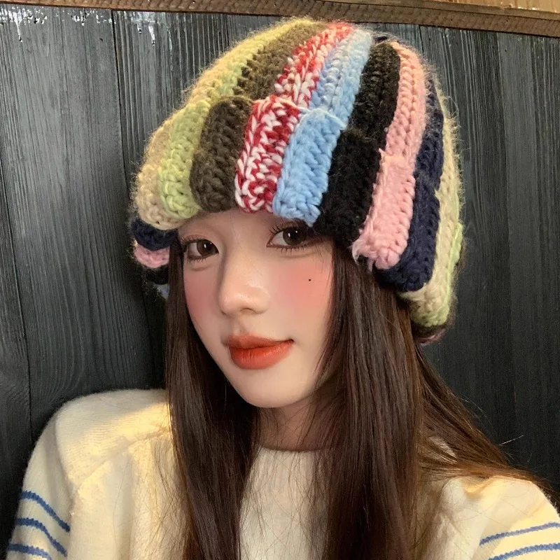 Niche Leisure Pullover Hats for Men Autumn and Winter Travel Warm and Versatile Colorful Striped Knitted Benaies for Women