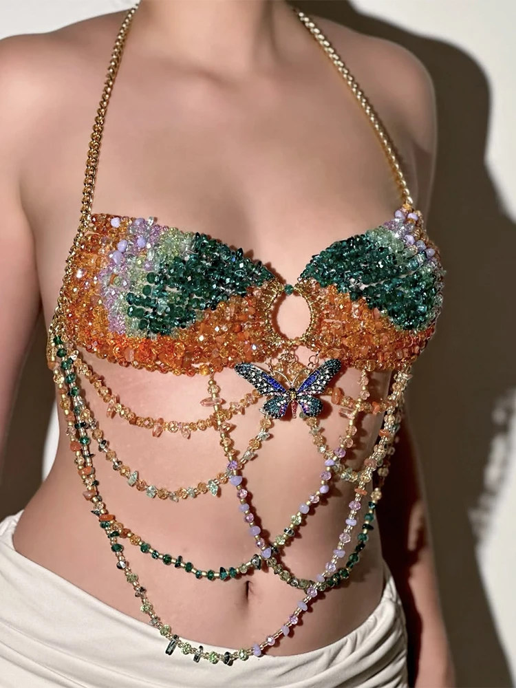 YOUR BUMP CURVE Colorful irregular acrylic beads hollow tassel handmade beaded bra women beach island music festival body pearl