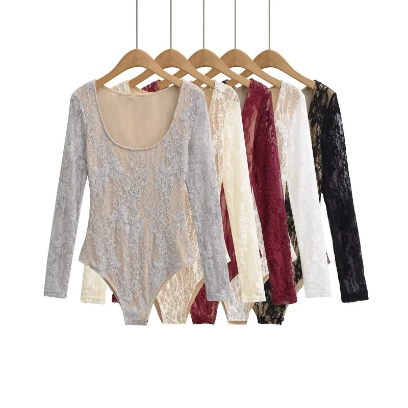 

Slim Fit Long Sve Lace Bodysuit New Sle Multi Color Low Ne Fluffy Flower Design Underwear Base irt Women's Faion