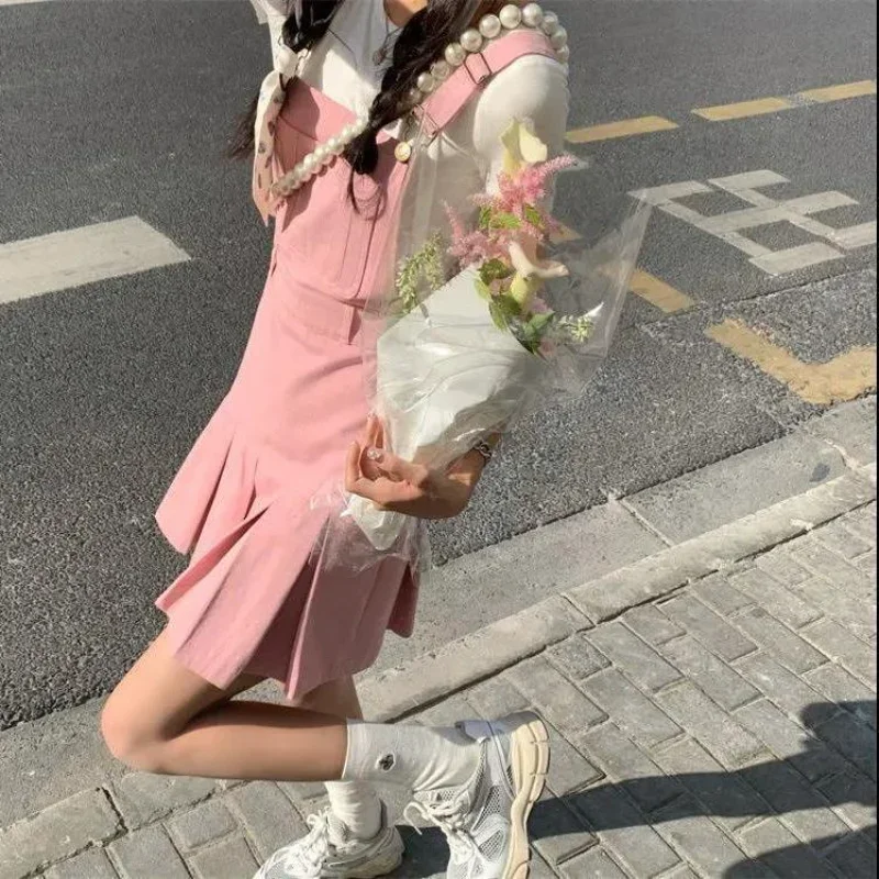 Korean Fashion Pink Denim Strappy Dress Women Summer New College Kpop Wind Sleeveless Vestidos Girl Sense Pleated Mini Skirts