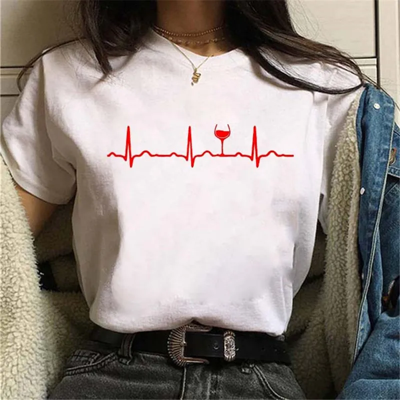 Heartbeat Wine Print T-shirt Short Sleeve Women's Dress Graphic T Shirts Harajuku  Aesthetic Clothes  Tops  Vintage Clothes