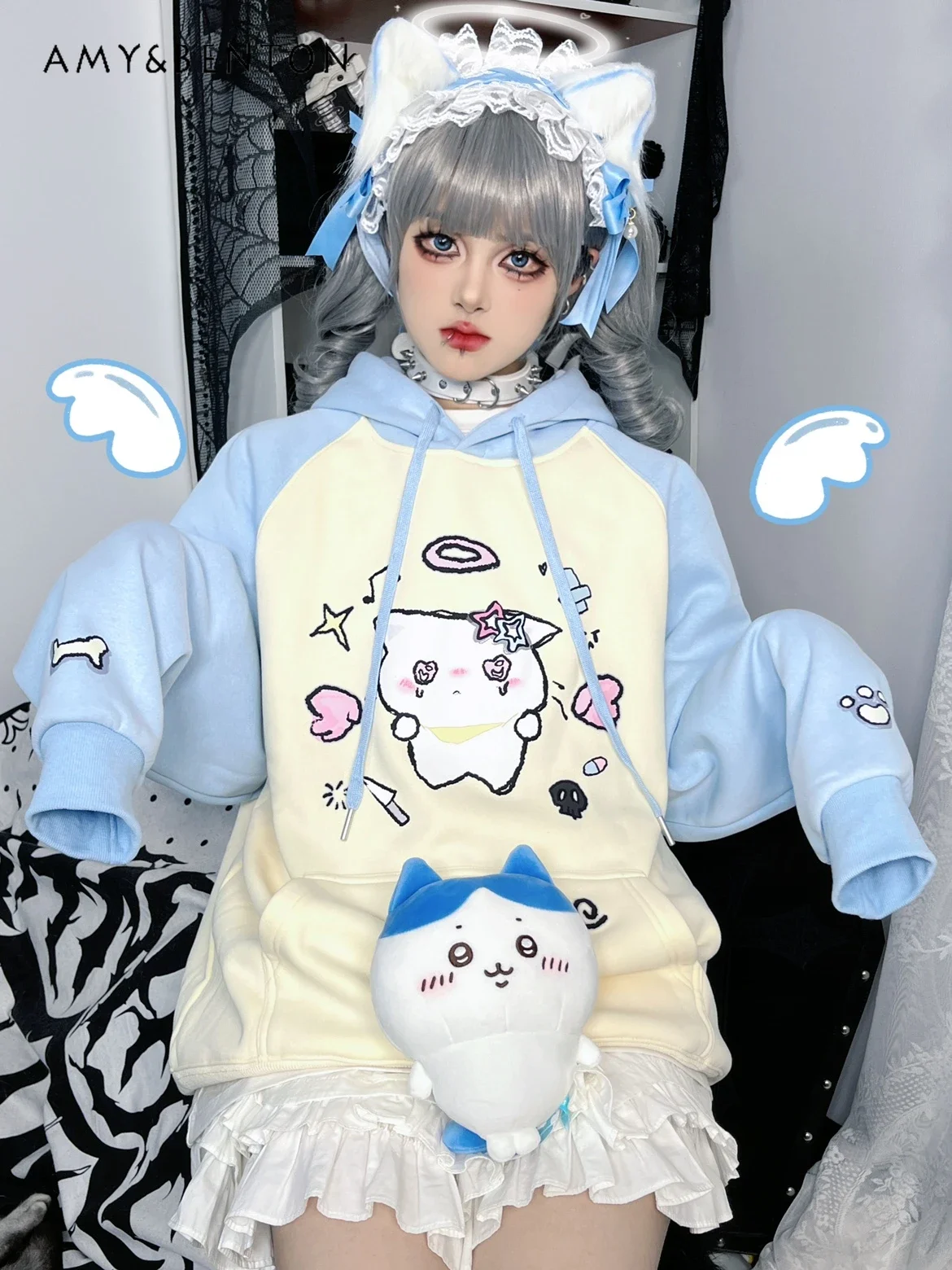 Cute Cat Hooded Fleece Thickened Hoodies Preppy Style Sweet Cool Girl Hoodie Subculture Two-dimensional Japanese Oversized Top