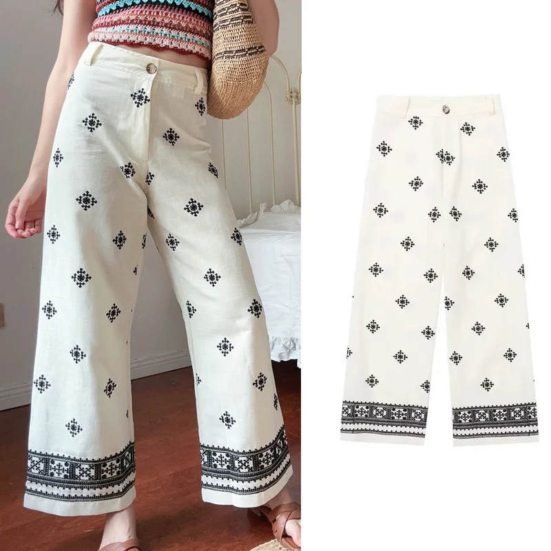 TEELYNN Vintage Ethnic Floral Embroidery Wide Leg Pants for Women Casual High Waist Linen Cotton Pant Summer Boho Beach Trousers