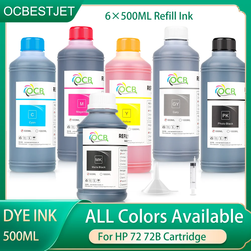 6x500ML Dye Ink For Hp 72 72B Refill Ink Set For T610 T620 T770 T790 T795 T1100 T1200 T1200HD MFP T1300 T2300 EMFP Printers