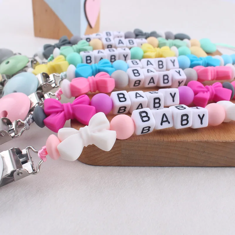 Baby Pacifier Clips DIY Personalized Name Bow Dummy Nipples Holder Clip Chain Princess Teethers Newborn Teething Toy Accessories